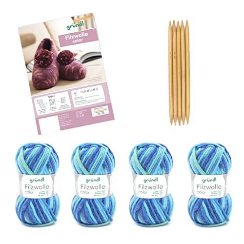 Gründl Wolle Filzwolle color - Dicke Wolle zum Filzen in der Waschmaschine für 1 Paar Hausschuhe mit Anleitung und Nadel - Weich und hautfreundlich - 100 % Schurwolle - 4 Knäuel 50 g/50 m - aqua von Gründl