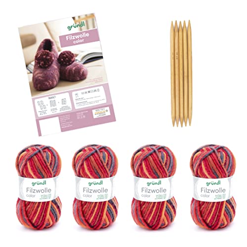 Gründl Wolle Filzwolle color - Dicke Wolle zum Filzen in der Waschmaschine für 1 Paar Hausschuhe mit Anleitung und Nadel - Weich und hautfreundlich - 100% Schurwolle - 4 Knäuel 50 g/50 m - rot-orange von Gründl