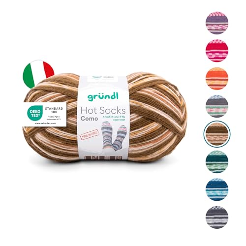 Gründl Wolle Hot Socks Como, Sockenwolle / Sockengarn 4-fach 1 Knäuel 100 g / 420 m (75 % Schurwolle (superwash), 25 % Polyamid), walnuss-kürbis-camel-weiß von Gründl