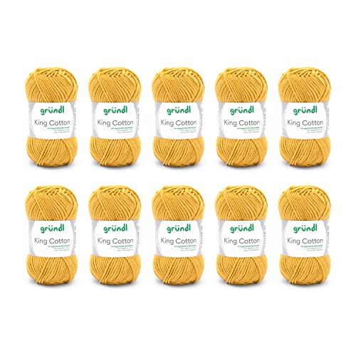 Gründl Wolle King Cotton - dicke Wolle zum Stricken - Strickgarn - Häkelgarn - weich und hautfreundlich - 55% Polyacryl, 45% Baumwolle - 10 Knäuel 50 g / 78 m - Nadelstärke 6-7 - gold von Gründl
