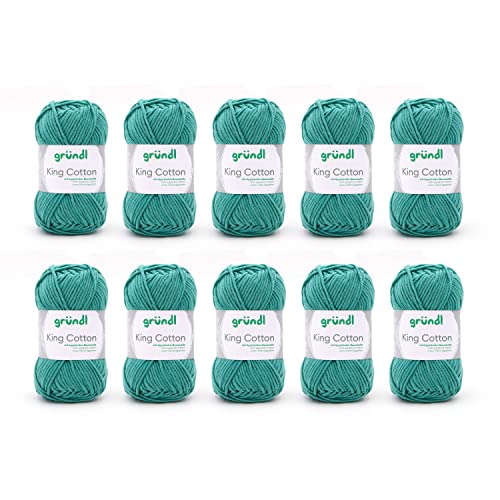 Gründl Wolle King Cotton - dicke Wolle zum Stricken - Strickgarn - Häkelgarn - weich und hautfreundlich - 55 % Polyacryl, 45 % Baumwolle - 10 Knäuel 50 g / 78 m - Nadelstärke 6-7 - jade von Gründl