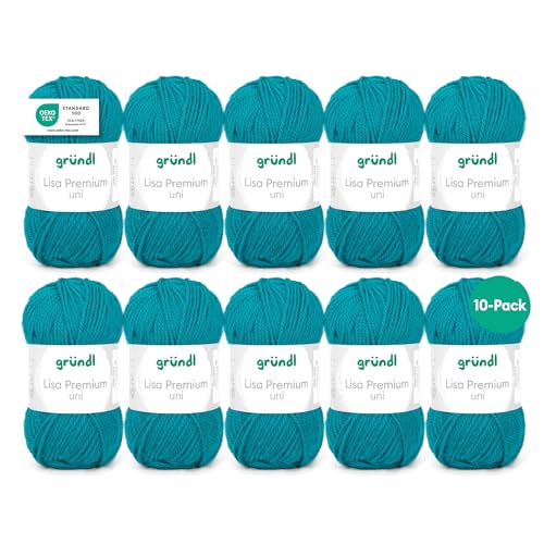 Gründl Wolle Lisa Premium uni - 10 x 50 g - Wolle zum Häkeln - Wolle zum Stricken - 100 % Polyacryl- Weich & Pflegeleicht- Nadelstärke 3,5-4,5 - Petrol von Gründl