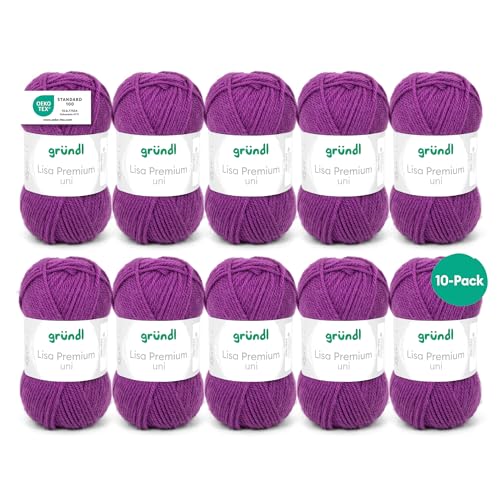 Gründl Wolle Lisa Premium uni - 10 x 50 g - Wolle zum Häkeln - Wolle zum Stricken - 100 % Polyacryl- Weich & Pflegeleicht- Nadelstärke 3,5-4,5 - Purpur von Gründl