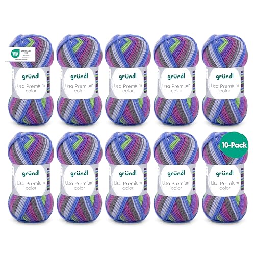 Gründl Wolle Lisa Premium color - Garn zum Stricken mit Farbverlauf - Strickgarn - Häkelgarn - Weich und hautfreundlich - 100% Polyacryl 10 Knäuel 50 g / 133 m -Nadelstärke 3,5-4,5 - Blau-limette von Gründl