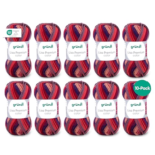 Gründl Wolle Lisa Premium color - Garn zum Stricken mit Farbverlauf - Strickgarn - Häkelgarn - Weich und hautfreundlich - 100% Polyacryl 10 Knäuel 50 g / 133 m -Nadelstärke 3,5-4,5 - orangerot-rot von Gründl