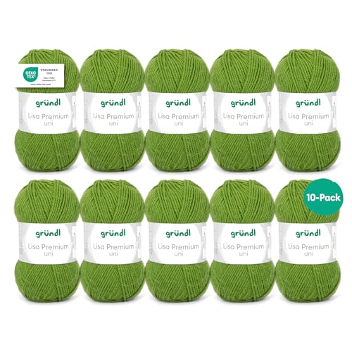 Gründl Wolle Lisa Premium uni - 10 x 50 g - Wolle zum Häkeln - Wolle zum Stricken - 100 % Polyacryl- Weich & Pflegeleicht- Nadelstärke 3,5-4,5 - Maigrün von Gründl