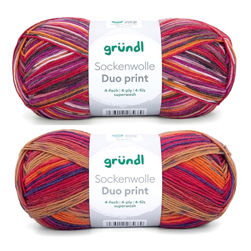 Gründl Wolle Sockenwolle Duo - Strickgarn für 2 Paar Socken - Strapazierfähig und hautfreundlich - 75% Schurwolle, 25% Polyamid - 2 Knäuel 100 g / 420 m - Nadelstärke 2,5-3 - fuchsia-kürbis-blau von Gründl