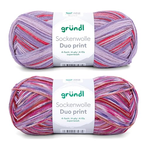 Gründl Wolle Sockenwolle Duo - Strickgarn für 2 Paar Socken - Strapazierfähig und hautfreundlich - 75% Schurwolle, 25% Polyamid - 2 Knäuel 100 g / 420 m - Nadelstärke 2,5-3 - lavendel-flieder von Gründl