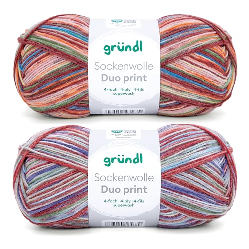 Gründl Wolle Sockenwolle Duo - Strickgarn für 2 Paar Socken - Strapazierfähig und hautfreundlich - 75% Schurwolle, 25% Polyamid - 2 Knäuel 100 g / 420 m - Nadelstärke 2,5-3 - rot-blau-altrosa von Gründl
