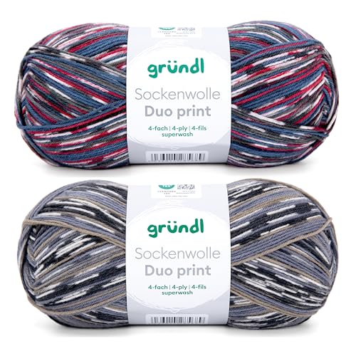 Gründl Wolle Sockenwolle Duo - Strickgarn für 2 Paar Socken - Strapazierfähig und hautfreundlich - 75% Schurwolle, 25% Polyamid - 2 Knäuel 100 g / 420 m - Nadelstärke 2,5-3 - rot-creme-anthrazit von Gründl