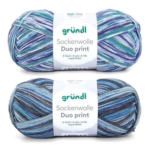 Gründl Wolle Sockenwolle Duo - Strickgarn für 2 Paar Socken - Strapazierfähig und hautfreundlich - 75% Schurwolle, 25% Polyamid - 2 Knäuel 100 g / 420 m - Nadelstärke 2,5-3 - türkis-hellgrau von Gründl