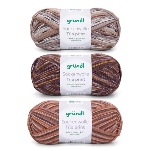 Gründl Wolle Sockenwolle Trio - Strickgarn für 3 Paar Socken - Strapazierfähig und hautfreundlich - 75% Schurwolle, 25% Polyamid - 3 Knäuel 100 g / 420 m - Nadelstärke 2,5-3 - braun senf grau Gründl Wolle Sockenwolle Trio - Strickgarn für 3 Paar Socken - Strapazierfähig und hautfreundlich - 75% Schurwolle, 25% Polyamid - 3 Knäuel 100 g / 420 m - Nadelstärke 2,5-3 - braun senf grau von Gründl