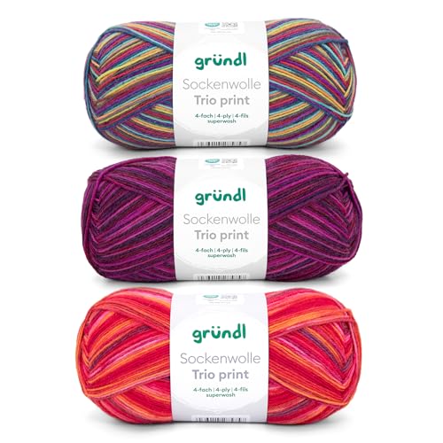Gründl Wolle Sockenwolle Trio - Strickgarn für 3 Paar Socken - Strapazierfähig und hautfreundlich - 75% Schurwolle, 25% Polyamid - 3 Knäuel 100 g / 420 m - Nadelstärke 2,5-3 - rot violett grün Gründl Wolle Sockenwolle Trio - Strickgarn für 3 Paar Socken - Strapazierfähig und hautfreundlich - 75% Schurwolle, 25% Polyamid - 3 Knäuel 100 g / 420 m - Nadelstärke 2,5-3 - rot violett grün von Gründl