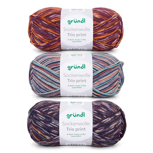 Gründl Wolle Sockenwolle Trio - Strickgarn für 3 Paar Socken - Strapazierfähig und hautfreundlich - 75% Schurwolle, 25% Polyamid - 3 Knäuel 100 g / 420 m - Nadelstärke 2,5-3 - violett aqua orange Gründl Wolle Sockenwolle Trio - Strickgarn für 3 Paar Socken - Strapazierfähig und hautfreundlich - 75% Schurwolle, 25% Polyamid - 3 Knäuel 100 g / 420 m - Nadelstärke 2,5-3 - violett aqua orange von Gründl
