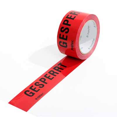 ISO Kennzeichnungsband, 50mm breitx66lfm, 52µ, PP-Band, rot, mit Aufdruck"Gesperrt", nach DIN EN 9001, Acrylatkl, 30 Rollen von Gründrucken
