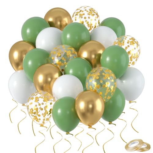 50 Stück 12 Zoll (30cm) Grüne Luftballons - Retro Olive Salbei Grün, Gold, Weiß. Helium Ballons Set für Geburtstag, Hochzeit, Baby Shower, Jubiläum Party Deko von Grünsonne