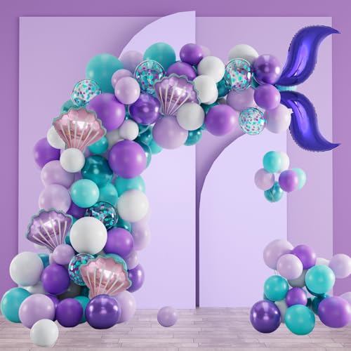 Meerjungfrau Luftballon Girlande Set mit 104 Stück Lilatönen, Metallic, Pastellfarben und Folienballons - inklusive Meerjungfrau-Muschel-Ballons und Zubehör - Grünsonne™ von Grünsonne