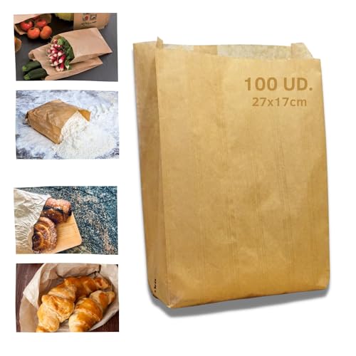 100 Kraftpapiertüten (27 x 17 cm) | Geschenktüten | Papiertüten für Snacks, Papiertüten ohne Griffe | Frühstückstasche | Bastelbeutel von Grupo Darik