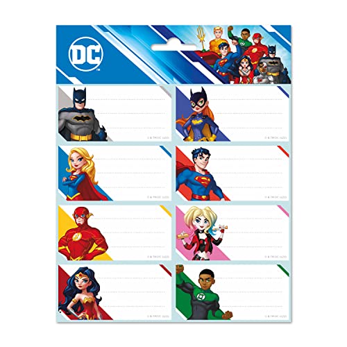 Grupo Erik Aufkleber, DC Comics Etiketten mit einer Größe von 8x4 cm und Illustrationen von Batman, Superman, Wonderwoman oder Harley Quinn, Etiketten zum Beschriften, 16 Klebeetiketten Set von Grupo Erik