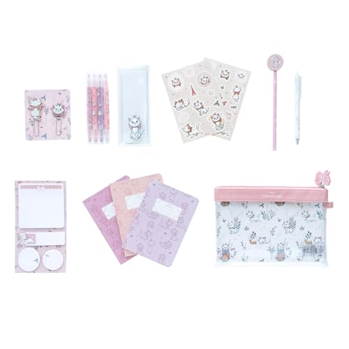 Grupo Erik Schreibwaren Disney Aristocats Marie Kugelschreiber Bleistift mit Radiergummi - Federmäppchen Groß - Büroklammern - 4 Textmarker - Notizzettel Klebend Disney Fanartikel von Grupo Erik