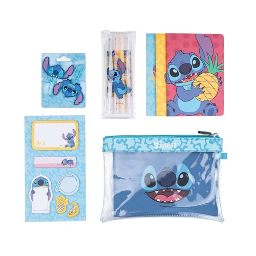 Grupo Erik Schreibwaren Disney Stitch -3 A6 Notuzbücher - Federmäppchen Groß - Büroklammern - 4 Textmarker - Notizzettel Klebend Disney Fanartikel von Grupo Erik