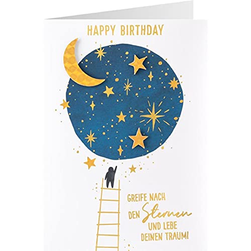 Sheepworld, Gruss & Co - 90907 - Klappkarte, Sonne, Mond und Sterne, Nr. 21, Geburtstag, Greife nach den Sternen und lebe deinen Traum! Happy Birthday, mit Umschlag, weiß, 16,5cm x 11,5cm von Gruss und Co