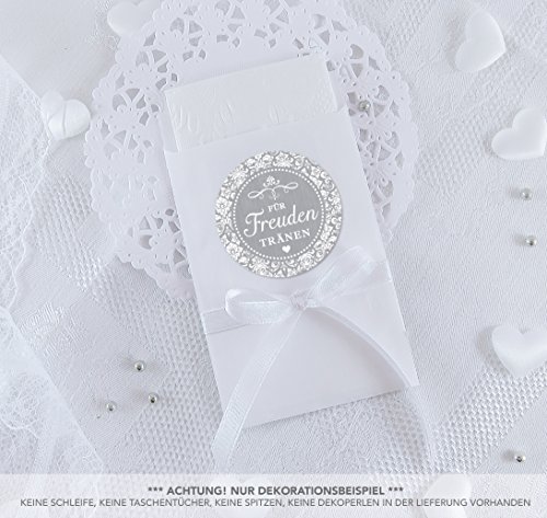 SET GROß: 48 Freudentränen Sticker + 48 weiße Flachbeutel - 63 x 93 mm für Freudentränen Taschentuch Verpackungen • GRAU mit Ornamenten im Packpapier Shabby Chic Look • 4cm Durchmesser, matt von fioniony