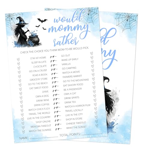 Gsauto Lustige Babyparty-Spiele, 25 Sets Halloween Would Mommy Rather, Blue Witch Geschlecht Offenbarung Party Spielkarten für Baby Ankündigung Supplies - B05 von Gsauto