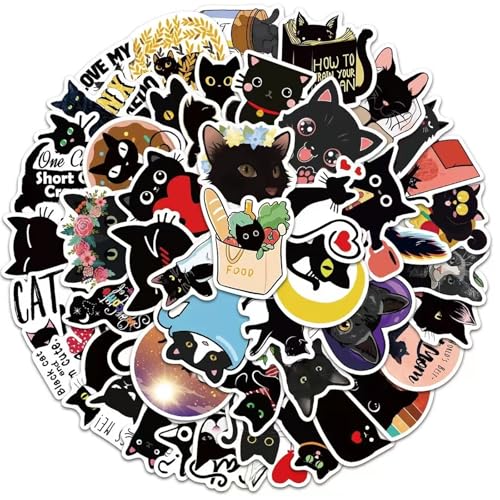 100 Stück Schwarze Katze Aufkleber Set,Niedliche Katze Sticker,Wasserdicht Stickers für Kinder Teens Erwachsene,Vinyl Graffiti Decals für Laptop Skateboard Fahrrad Moped Motorrad Scrapbooking von Gsedaox