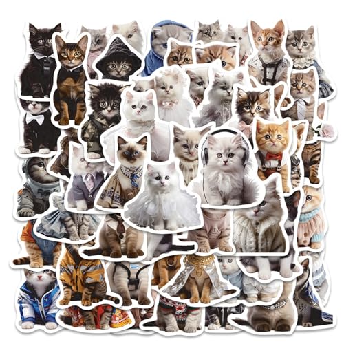 50 Stück Katzen Sticker, Katzen Aufkleber Wasserfeste Vinyl Aufkleber Tiere für Kinder Mädchen Scrapbooking Fotoalbum Geschenke von Gsedaox