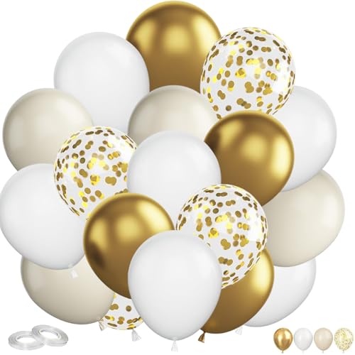 60 Stück Luftballons Goldene Helium Gold Weiß Beige Ballons Hochzeit Dekoration Konfetti Latex Ballons mit Bändern Sandweiß Metallic für Valentinstag Ramadan Kinder Geburtstag Party Dekoration von Gsedaox
