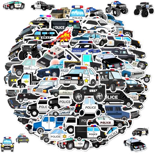 Cartoon Polizeiauto Aufkleber, 50 Stücke Vinyl Polizeiauto Kinder Sticker, Aesthetic Aufkleber,Wasserdichte Und Wiederverwendbare Jungen-Fahrzeugaufkleber Für Koffer Für Koffer, Wasserflasche, Laptop, von Gsedaox