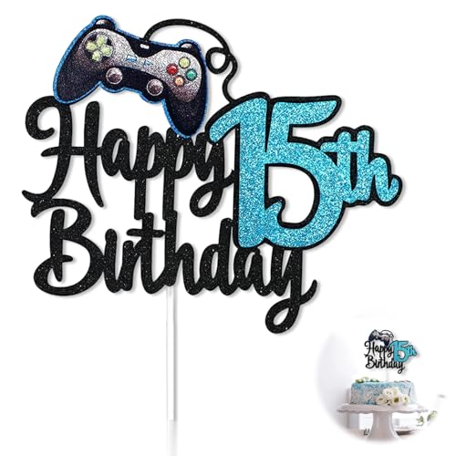 Kuchendekoration zum 15. Geburtstag, Glitzer, Videospiel, Kuchen-Picker, Spiel auf Controllern, 15. Prost bis 15 Jahre, Kuchendekoration, für Männer, Jungen, Frauen, Mädchen, blaues Thema Kuchendekoration zum 15. Geburtstag, Glitzer, Videospiel, Kuchen-Picker, Spiel auf Controllern, 15. Prost bis 15 Jahre, Kuchendekoration, für Männer, Jungen, Frauen, Mädchen, blaues Thema von Gsedaox