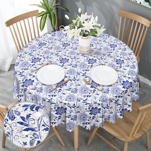 Blaue Blumenpastoral Abwaschbar Runde Tischdecke Polyester Vintage Tischdecke Rund 150 cm Tischdecke Outdoor Tischtuch Geeignet für Party Picknick Essen Garten von GthreeD