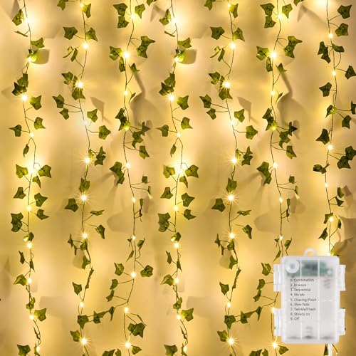 GuKKK LED Lichterkette Efeu Künstlich, 10M Fake Efeu Girlande mit 100 LED-Licht Batterie Lichterkette, für Innenberei,Hochzeit, Party Deko von GuKKK