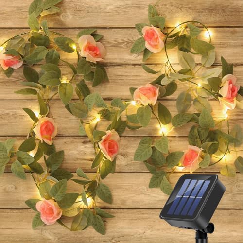GuKKK Solar Lichterkette Außen, Solares Rosenlicht 20LED 2M/6.5Ft 8 Modi, Wasserdicht Künstlicher Rosen-Lichterketten Außen, für Garten, Balkon, Hochzeit, Zaun, Camping, Dekorationen(Warmweiß) von GuKKK