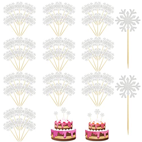 Guador 100 Stücke Schneeflocke Kuchen Topper,Tortendeko Cupcake Topper Glitzer Schneeflocke Kuchen Toppers für Kuchen Schloss Schneeflocke Kuchen Topper Happy Birthday Kuchcen Topper (Silber) von Guador