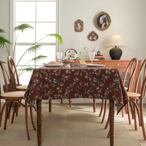 Gualiy Abwaschbare Tischdecke Quadratisch, Tischtuch 140 x 240 Mischgewebe Tischdecken Abwischbar Blumenzweige Jacquard mit Vögeln Tischdecke für die Küche, Violett Rot von Gualiy
