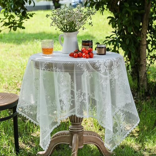 Gualiy Runde Tischdecke Polyester Baumwolle, Tischtuch 90 x 90 Tischdecke Abwaschbar Modern Spitze Stickerei Blumen Tischdecken für Wohnzimmertisch, Weiß von Gualiy