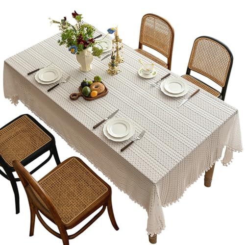 Gualiy Tischdecke Quadratisch, Tischtuch 140 x 100 Polyester Tischdecke Abwaschbar Waschbar Aushöhlen mit Quasten Tischdecke für Gartentisch, Weiß von Gualiy
