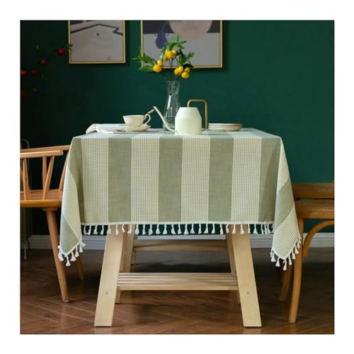 Tischdecke Modern Baumwolle Leinen, Tischtuch 100x160CM Tischdecke Abwaschbar Küche Streifen mit Quasten Tischdecken für Gartentisch, Grün von Gualiy