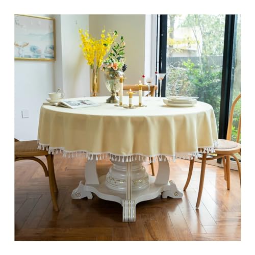 Tischdecke Rund Küche, Tischdecken 140CM Polyester Tischdecke Abwaschbar Antirutsch Einfarbig mit Quasten Tischdecken für Glastisch, Gelb von Gualiy