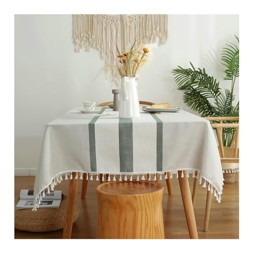 Tischtuch Quadratisch, Tischtuch 140x300CM Polyester Abwaschbare Tischdecke Streifen mit Quasten Tischdecke für die Küche, Grün von Gualiy