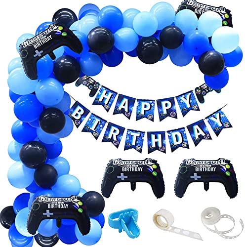 105-teiliges Videospiel-Party-Dekorationsset – Happy Birthday Spiel Banner und blau und schwarz gemischtes Spielballon-Set – mit 2 Aluminiumfolien-Ballons für Videospiel-Partys von GuassLee