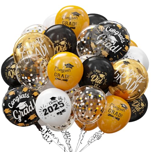 Ballon-Set für Abschlussfeiern, 60 Stück, schwarz-goldfarben, Konfetti-Latex-Luftballons mit Bändern für Universität, College, High School, Grad 2024, Party-Dekorationen von GuassLee