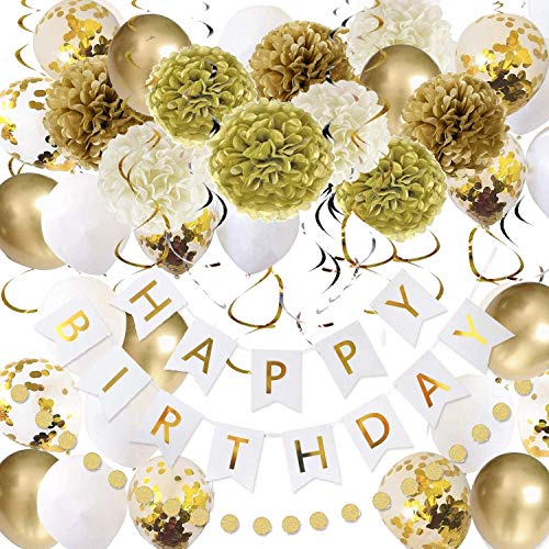 Gold und Weiß Geburtstag Party Dekorationen Set, 49 Pack Happy Birthday Dekorationen einschließlich Seidenpapier Pompon, Latex Ballon, Happy Birthday Banner, Glitzer Girlanden, hängende Party Decor von GuassLee