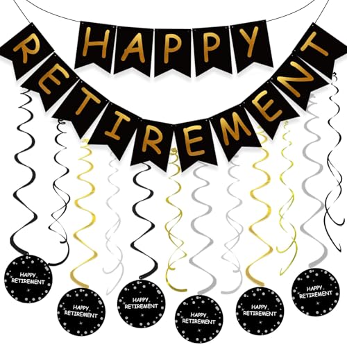GuassLee Ruhestandsparty-Dekorationen für Männer und Frauen, Schwarz Gold Happy Retirement Banner Hängende Wirbel Kit für Ruhestand Party Decor Supplies von GuassLee