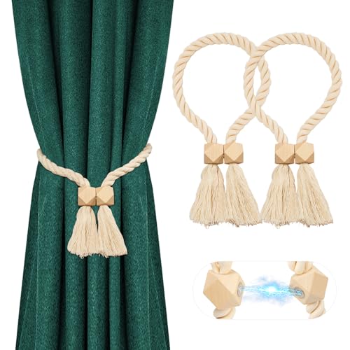 2 Stück Raffhalter für Vorhänge, Magnetische Vorhang Raffhalter aus Holz, Handgewebter Raffhalter für Gardinen, Boho Gardinenhalter Vorhanghalter – Geeignet für Gardinendeko zu Hause und im Büro von Gucass