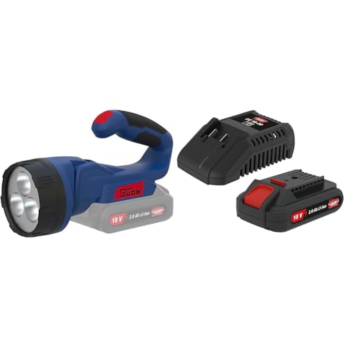 Güde Akku Led-Lampe L 18 (18 V, 260 lm Leuchtstärke, 3 St. Hochleistungs-LED, Softgrip, bis 90° schwenkbar, für den mobilen Einsatz, inkl. 3A Schnellladegerät & 2 Ah Akkupack Starter-Kit LGAP 18-3020) von Güde