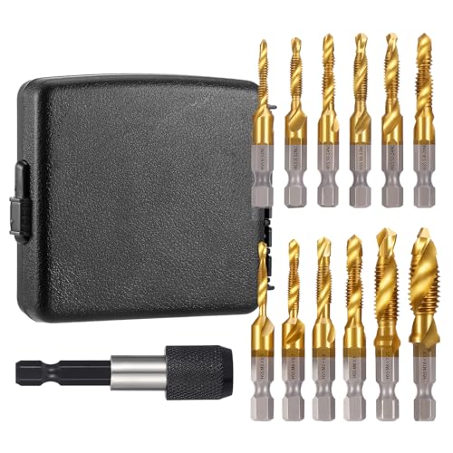 13 Stück Gewindebohrer Set, SAE/Metric M3–M10 Kombi Gewindebohrer mit Gewindebohrer Adapter HSS Gewindeschneider mit Bohrer Set für Holz Metall Kunststoff Aluminium von Gueenky